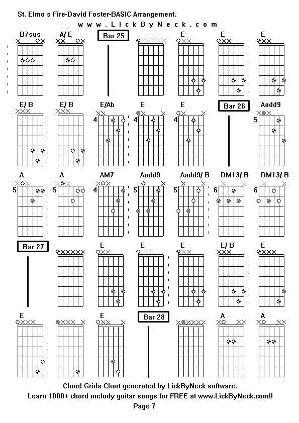 Chord Grids Chart of chord melody fingerstyle guitar song-St Elmo s Fire-David Foster-BASIC Arrangement,generated by LickByNeck software.